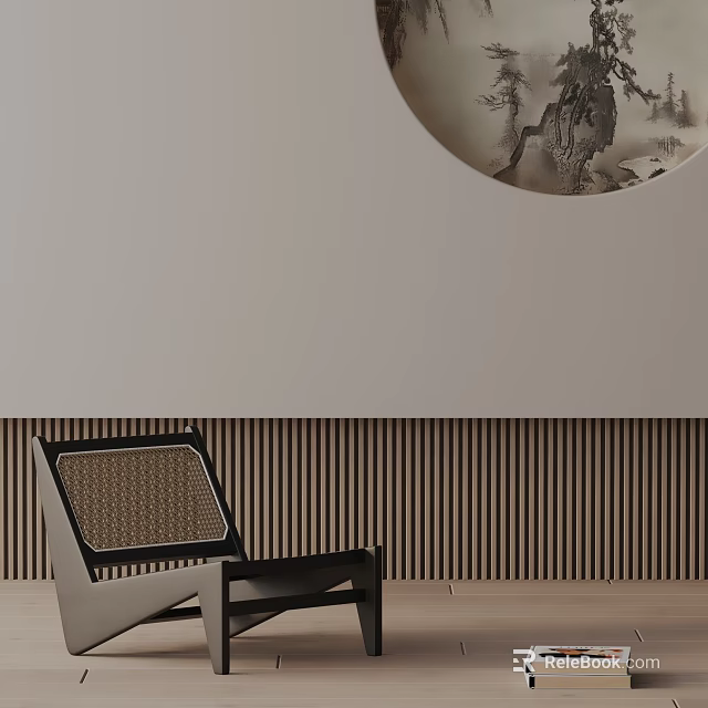Stylish Leisure Chair With Rattan Backrest Against Light Beige Wall And Vertical Wooden Slats Panel 3d model 