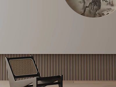 Stylish Leisure Chair With Rattan Backrest Against Light Beige Wall And Vertical Wooden Slats Panel 3d model