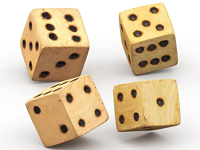 Four Wooden Dice Cubes With Black Dots On White Background 3d model