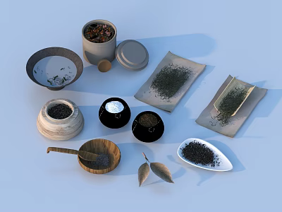 Essential Tea Household Items With Lidded Jars Wooden Spoon Tea Bags And Tea Leaves 3d model