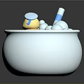 Playful Cartoon Round Bathtub Scene With Yellow Rubber Duck Bubbles And Blue White Striped Straw