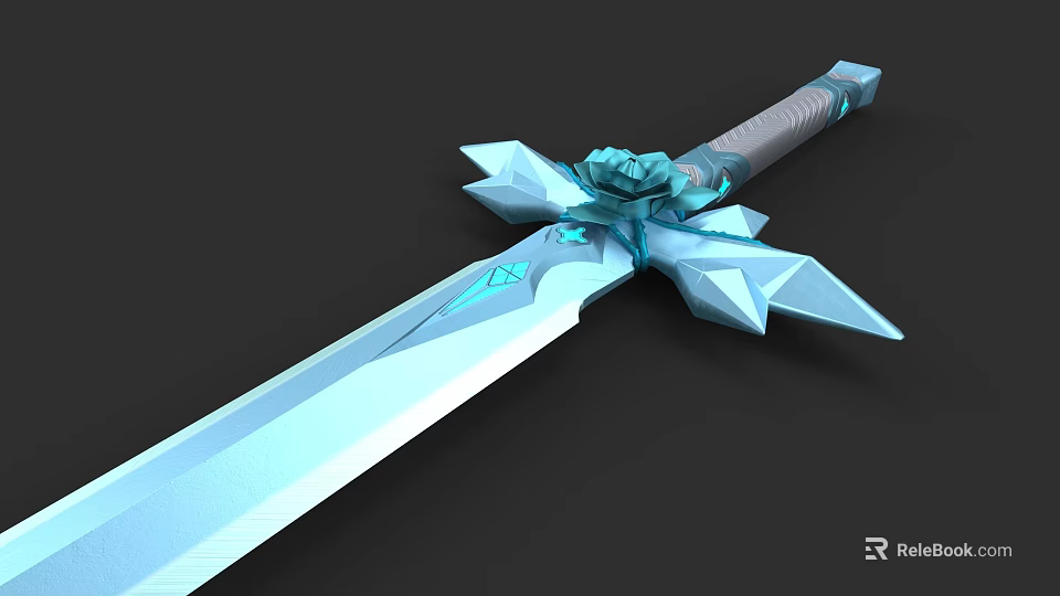 Blue Crystal Fantasy Sword With Geometric Design And Sharp Blade 3d model