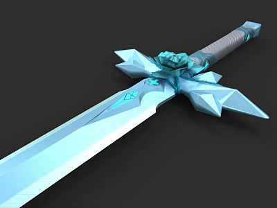 Blue Crystal Fantasy Sword With Geometric Design And Sharp Blade 3d model