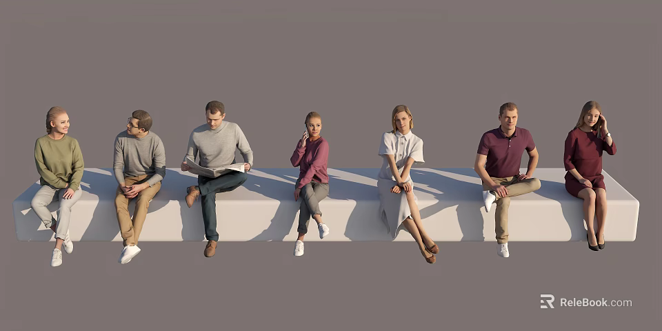 Five People Sitting Casually on White Bench Against Gray Background 3d model