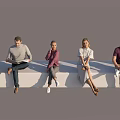 Five People Sitting Casually on White Bench Against Gray Background 3d model