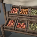 Fresh Assorted Fruits Display on Wooden Market Stall with Canvas Awning and Crates