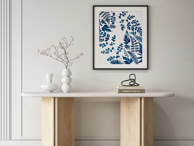 Elegant Console Table with Blue White Botanical Print White Vases and Twig Decoration 3d model