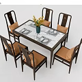 Dining Table Set With Six Chairs Marble Tabletop Yellow Flowers And Tableware 3d model