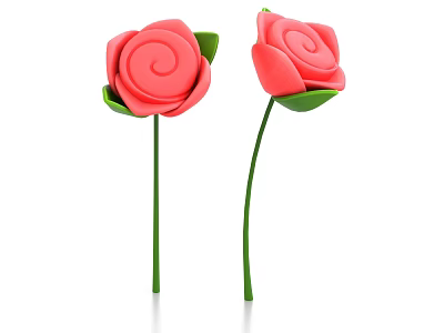 Pink Roses with Green Leaves and Stems in Handmade Clay Style on White Background 3d model
