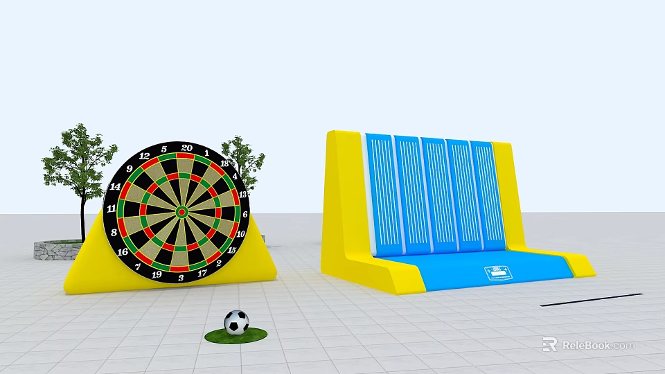 Outdoor Play Equipment With Dartboard Yellow Blue Climbing Wall Soccer Ball And Small Trees 3d model 