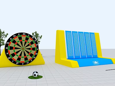 Outdoor Play Equipment With Dartboard Yellow Blue Climbing Wall Soccer Ball And Small Trees 3d model