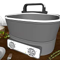 Modern Electric Kitchen Cooker With Olive Oil Bottle Fresh Tomato And Asparagus On Wooden Table
