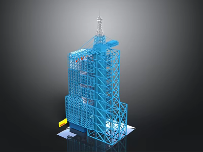 Space Launch Tower Featuring Blue Grid Framework Top Antenna And Base Sign 3d model