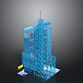 Space Launch Tower Featuring Blue Grid Framework Top Antenna And Base Sign 3d model