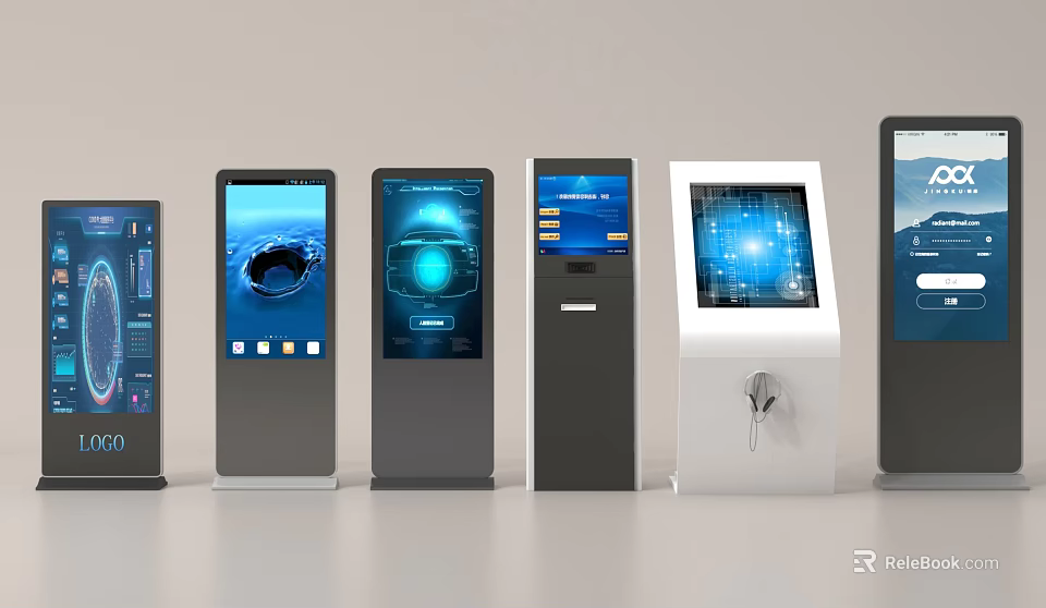 Modern Public Self Service Kiosks With Touch Screen Displays And Digital Interfaces 3d model 