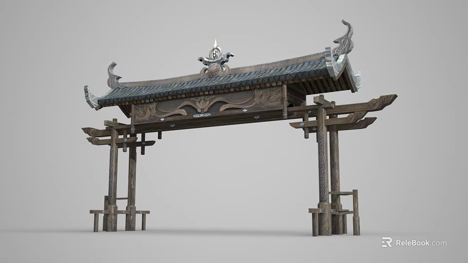 Traditional Chinese Paifang Archway With Wooden Structure And Carved Roof Details 3d model 
