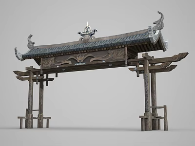 Traditional Chinese Paifang Archway With Wooden Structure And Carved Roof Details 3d model
