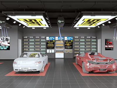 Automotive Service Shop Interior With White Red Sports Cars Display Shelves And Ceiling Lights 3d model