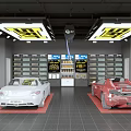 Automotive Service Shop Interior With White Red Sports Cars Display Shelves And Ceiling Lights