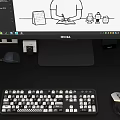 Computer Monitor Desktop Setup With Cartoon Character Text Keyboard Mouse Mug Calendar Checkerboard Items