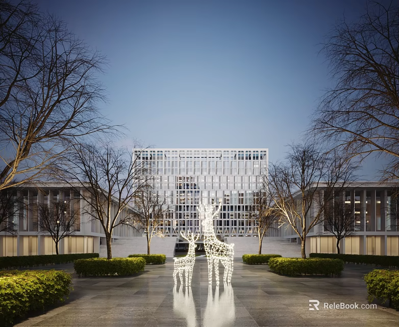Modern Office Building With Glass Curtain Wall Giraffe Sculptures Trees And Lighting At Twilight 3d model 