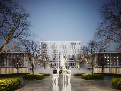 Modern Office Building With Glass Curtain Wall Giraffe Sculptures Trees And Lighting At Twilight 3d model