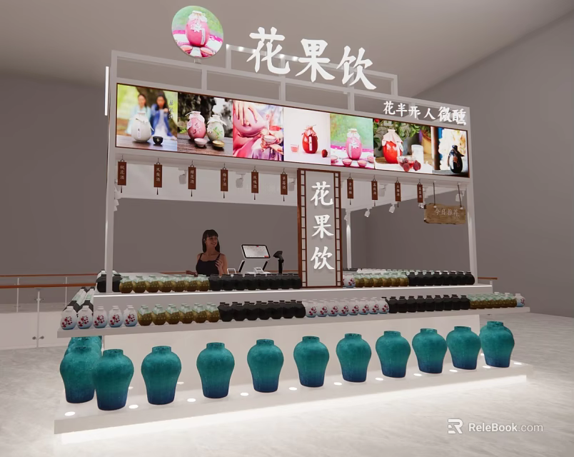 Flower and Fruit Drinks Shop in Mall With Arranged Blue Green Bottles and Display Counter 3d model 