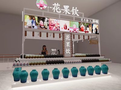 Flower and Fruit Drinks Shop in Mall With Arranged Blue Green Bottles and Display Counter 3d model