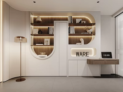 Modern Study Room Interior With Built in Wooden Bookshelves Floor Lamp And Writing Desk 3d model