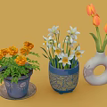 Colorful Flowers in Blue Patterned Pots and White Ring Shaped Vase on Yellow Background