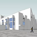 Ancient Architecture Featuring White Curved Structures Glass Curtain Walls Tower People Walking On Stone Pavement