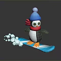 Cartoon Penguin Wearing Blue Hat And Red Scarf Snowboarding On Blue Snowboard With Snow Splashes