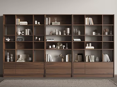 Modern Wooden Bookcase With Multiple Compartments Books Decorative Ornaments And Drawers 3d model