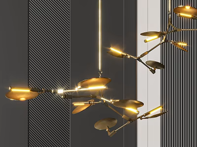 Modern Brass Chandelier With Multiple Arms And Warm Lighting In Dark Striped Wall Interior 3d model