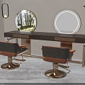 Modern Barber Shop Interior With Wooden Vanity Round Mirrors Brass Base Chairs And Green Plant