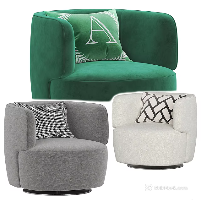 Modern Single Sofas in Green Gray Beige with Letter Leaf Checkered Geometric Pillows 3d model