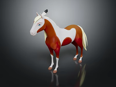 Brown And White Pony With White Mane Tail Black Ear Tag On Dark Background 3d model