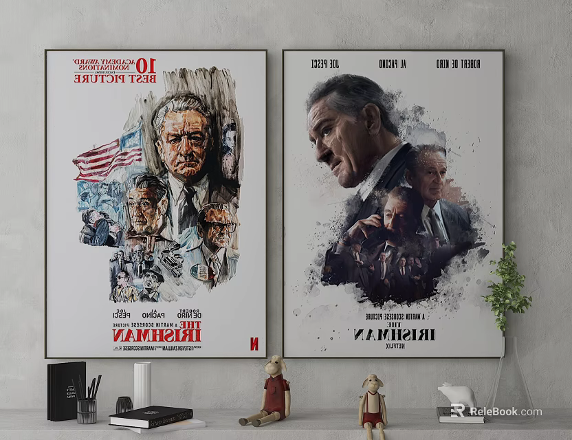 Two Portrait Paintings of Men as Wall Art with Cinematic Elements and American Flag 3d model 