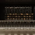 Modern Restaurant Interior With Wooden Ceiling Warm Lighting And Striped Partitions