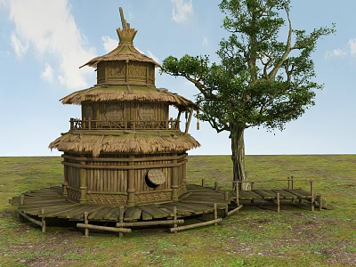 Traditional Multi Layered Thatch House With Wooden Platform And Large Tree 3d model