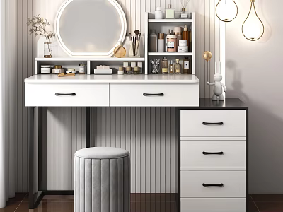 White Dressing Table With Drawers Shelves Round Mirror Cosmetics Skincare And Gray Stool 3d model