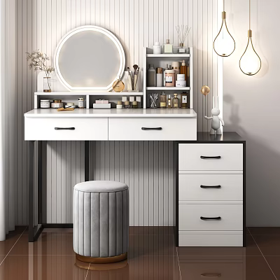 White Dressing Table With Drawers Shelves Round Mirror Cosmetics Skincare And Gray Stool 3d model