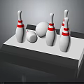 Bowling Pins And Ball Display On White Platform With Red Stripes
