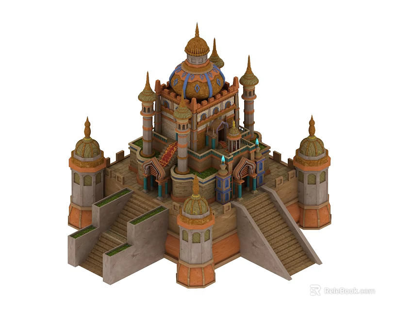 Cartoon Castle Scene With Colorful Domes Towers Staircases And Arches 3d model 