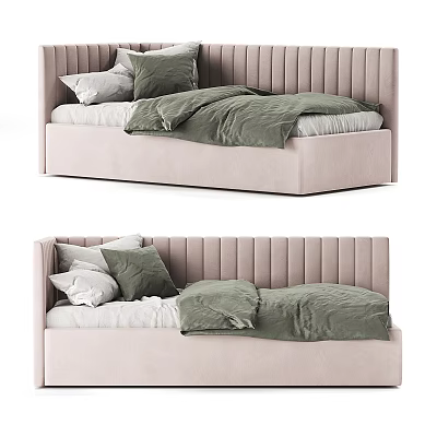 Modern Single Bed Design With Ribbed Blush Pink Upholstered Headboard Green Quilt And Pillows 3d model