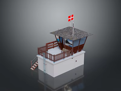 Small Observation Guard Tower With Tiled Roof Danish Flag Wooden Railing And White Base 3d model