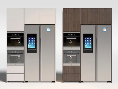 Modern Refrigerators With Digital Display And Light Dark Cabinetry In Kitchen 3d model