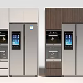 Modern Refrigerators With Digital Display And Light Dark Cabinetry In Kitchen