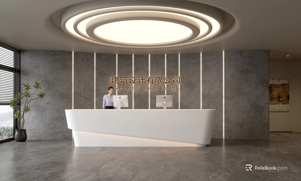 Modern Front Desk Reception Area With White Counter Gray Wall And Circular Ceiling Light 3d model