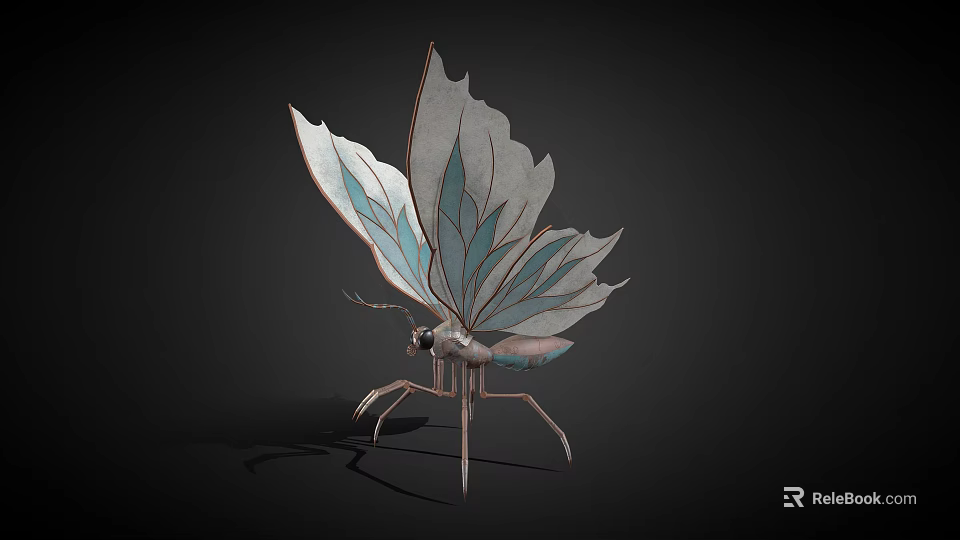 Metallic Insect Sculpture With Leaf Shaped Wings And Blue White Patterns On Dark Background 3d model